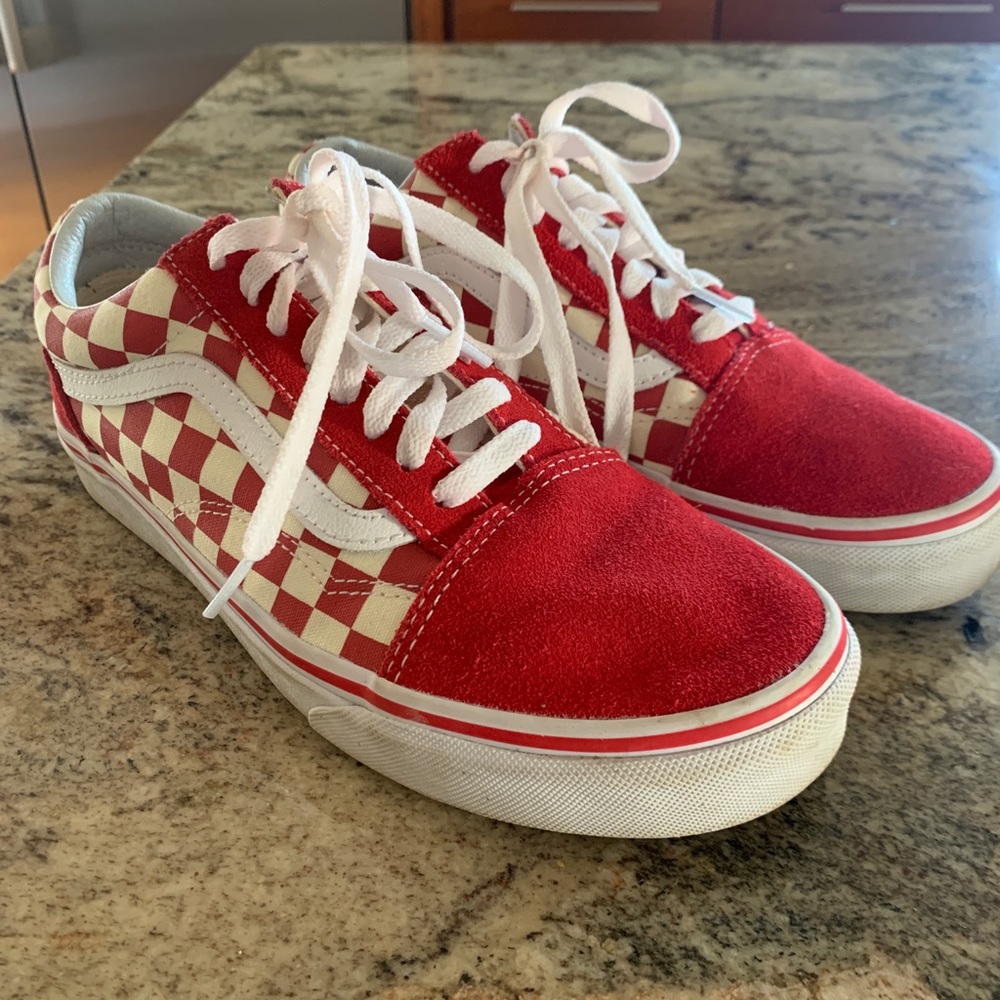 Red and white checkered low top vans